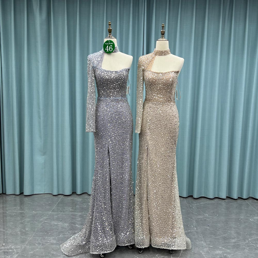 YQ046 Dusty Blue One Shoulder Slit Evening Dress Long Crystals Beaded Evening Gown