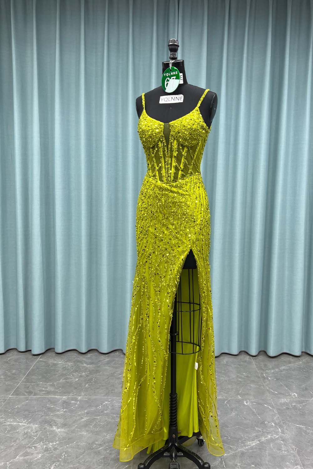 YQ067 Black Straps Slit Prom Dress Long Beaded Evening Party Gown