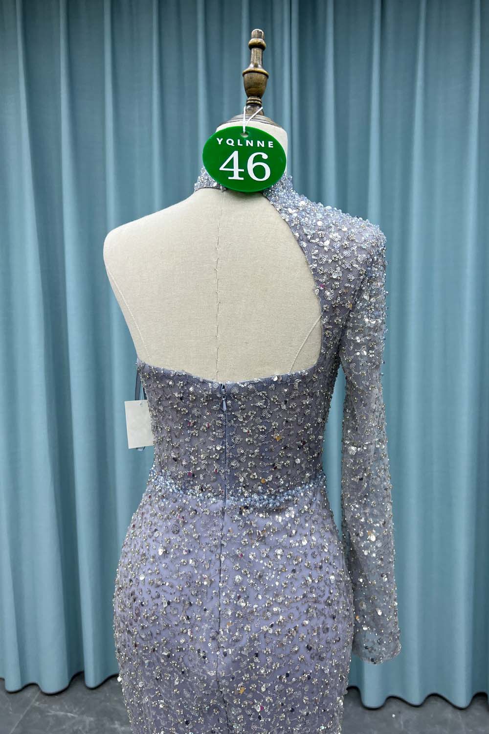 YQ046 Dusty Blue One Shoulder Slit Evening Dress Long Crystals Beaded Evening Gown