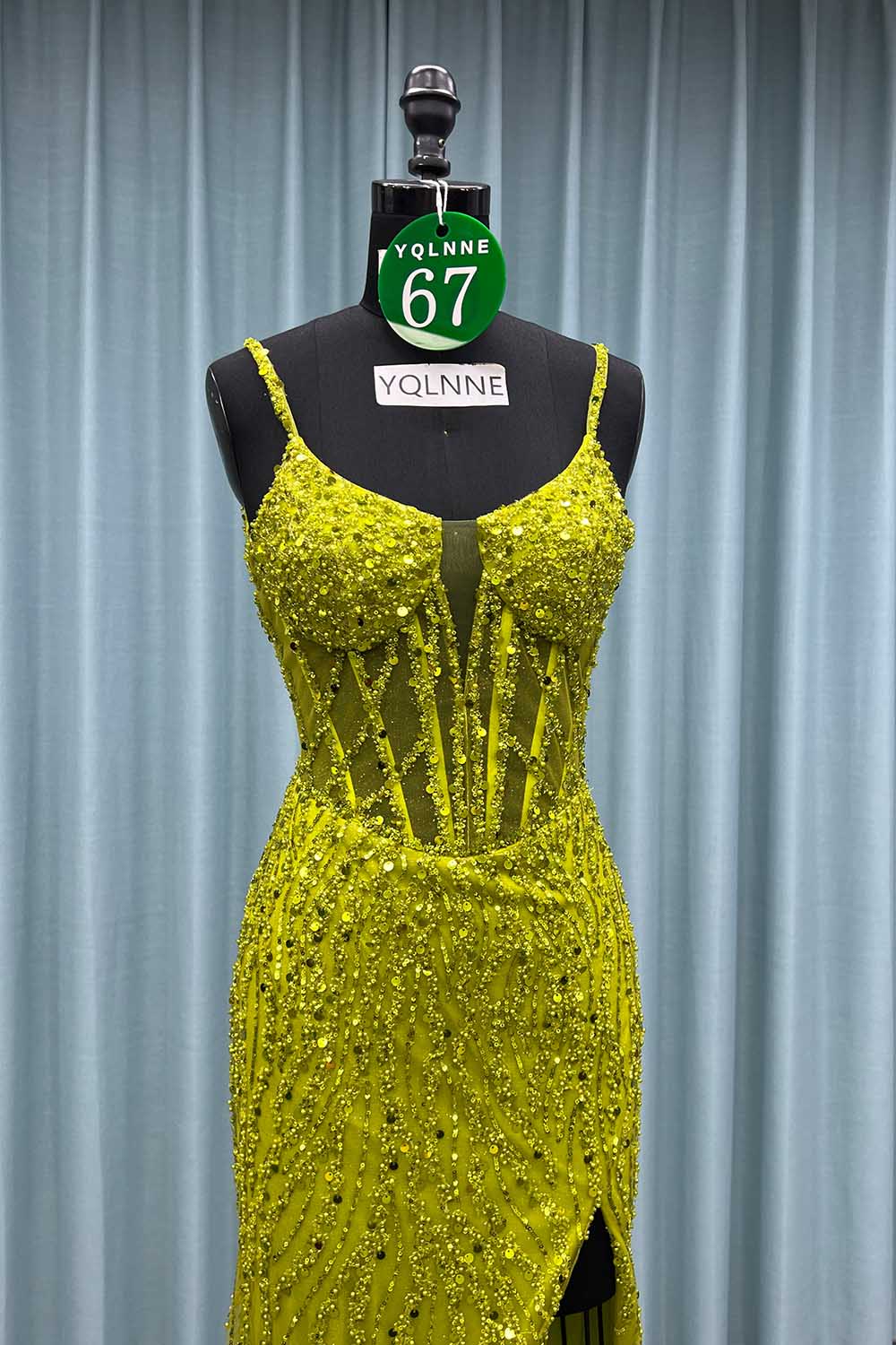 YQ067 Black Straps Slit Prom Dress Long Beaded Evening Party Gown
