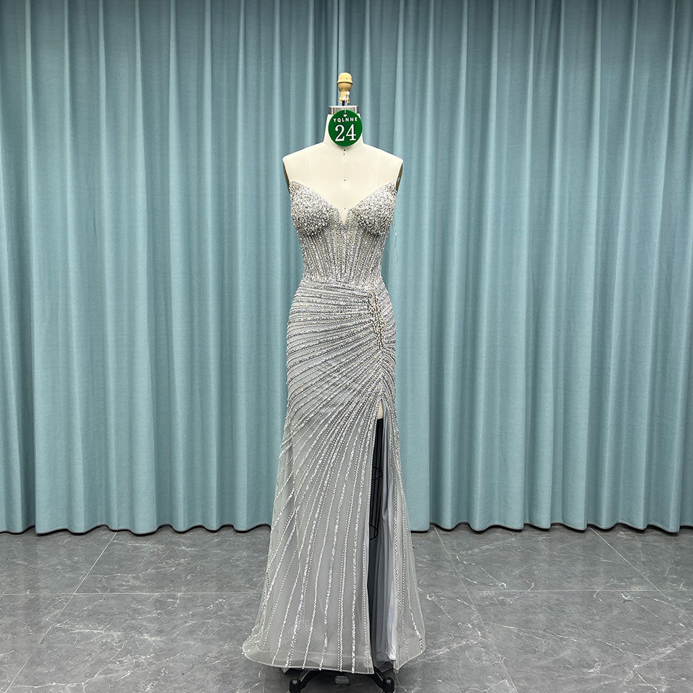 YQ024 Silver Strapless Crystals Prom Dress Long Slit Evening Gown Cors YQLNNECouture YQ024 Silver Strapless Crystals Prom Dress Long Slit Evening Gown Cors YQLNNECouture