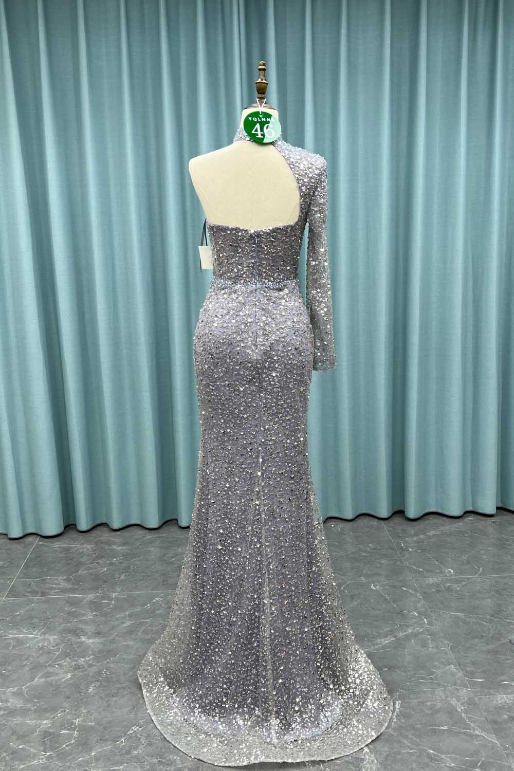YQ046 Dusty Blue One Shoulder Slit Evening Dress Long Crystals Beaded Evening Gown