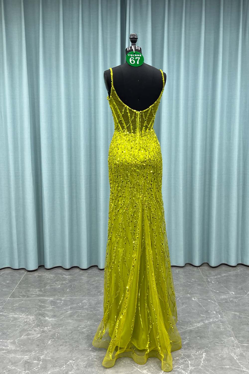 YQ067 Black Straps Slit Prom Dress Long Beaded Evening Party Gown