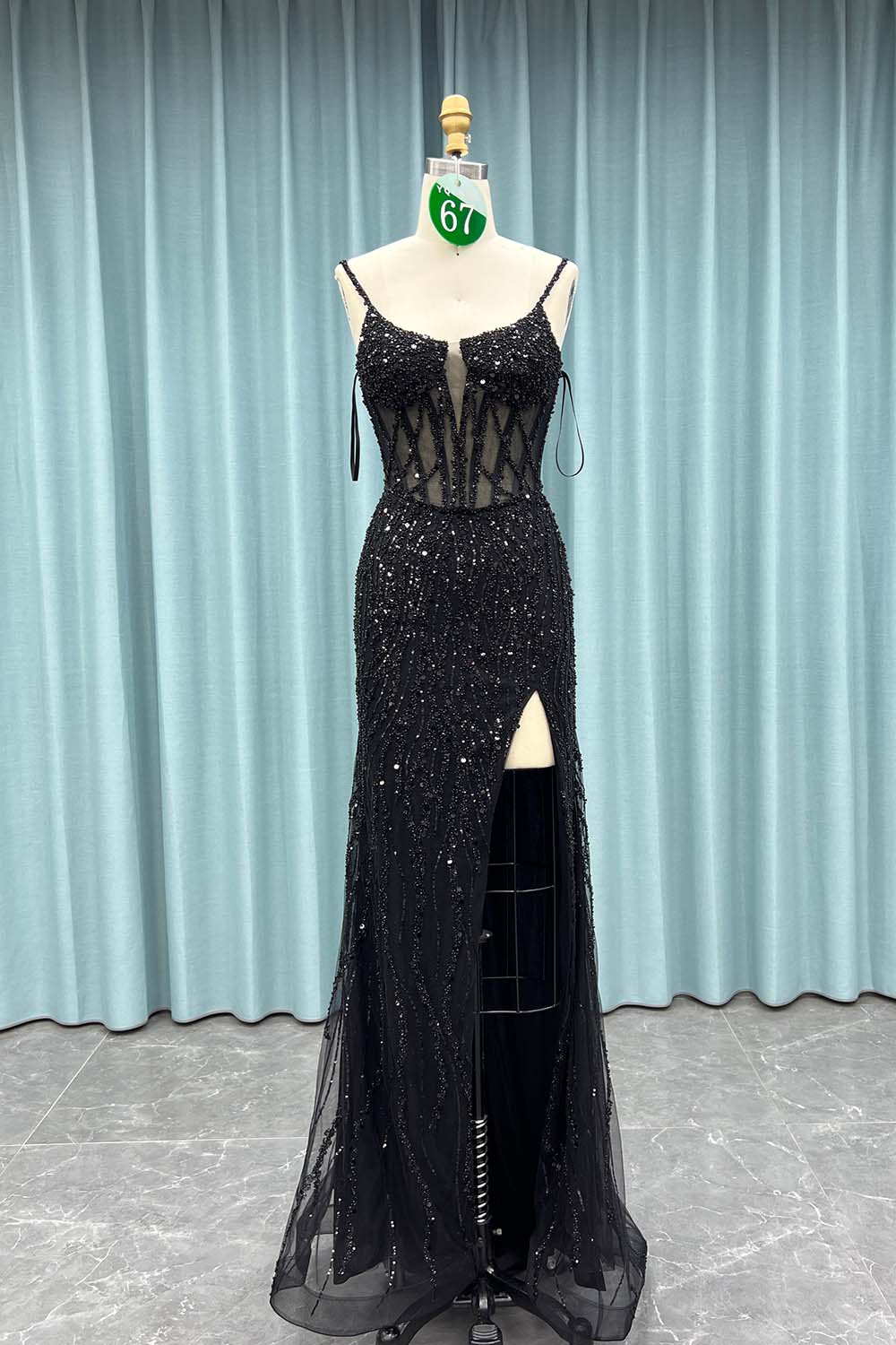 YQ067 Black Straps Slit Prom Dress Long Beaded Evening Party Gown