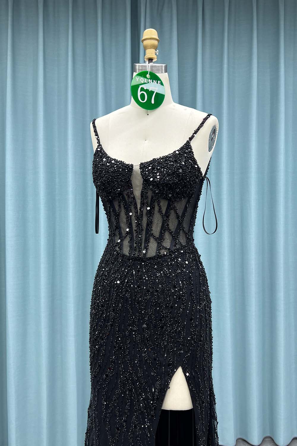 YQ067 Black Straps Slit Prom Dress Long Beaded Evening Party Gown