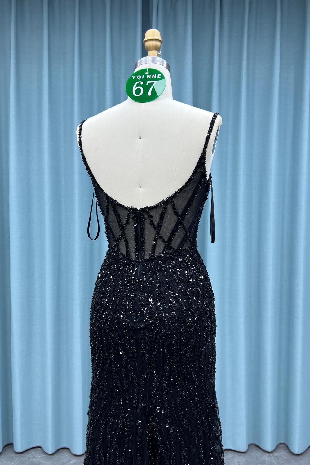 YQ067 Black Straps Slit Prom Dress Long Beaded Evening Party Gown