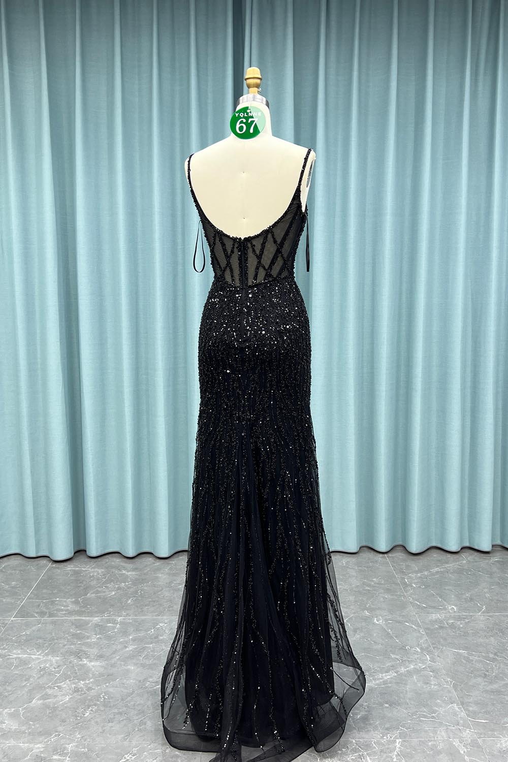 YQ067 Black Straps Slit Prom Dress Long Beaded Evening Party Gown