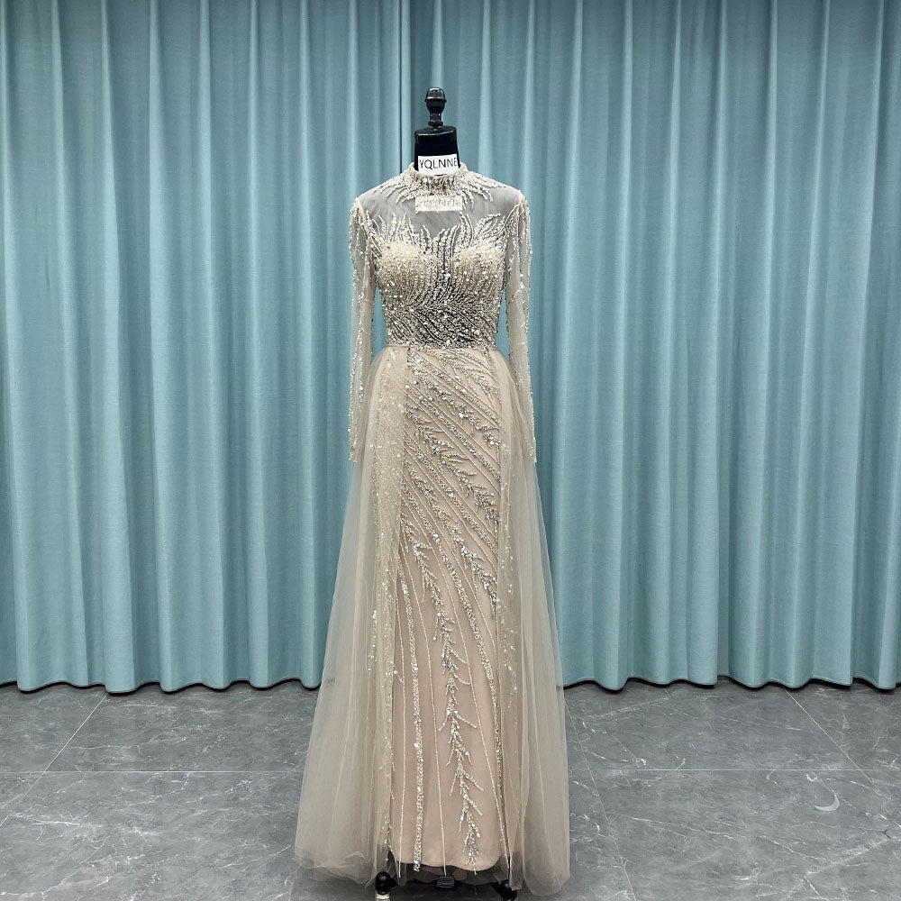 YQ052 Modest Nude Long Sleeves Beading Evening Dress Formal Muslim Gow YQLNNECouture YQ052 Modest Nude Long Sleeves Beading Evening Dress Formal Muslim Gow YQLNNECouture