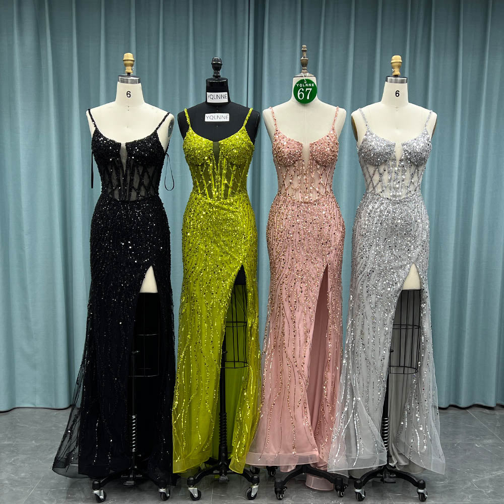 YQ067 Black Straps Slit Prom Dress Long Beaded Evening Party Gown