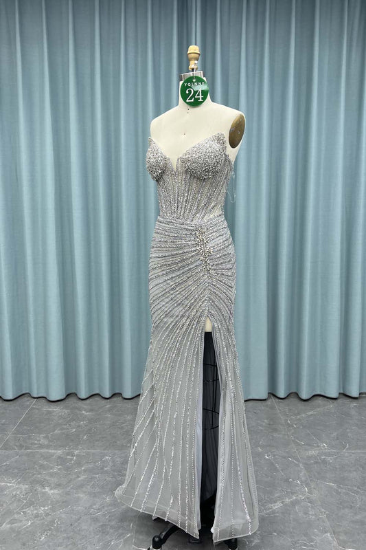 YQ024 Silver Strapless Crystals Prom Dress Long Slit Evening Gown Corset