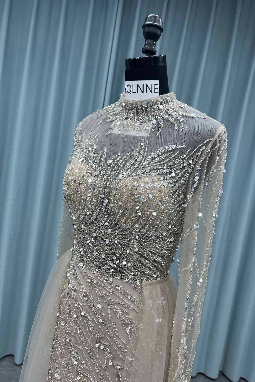 YQ052 Modest Nude Long Sleeves Beading Evening Dress Formal Muslim Gown