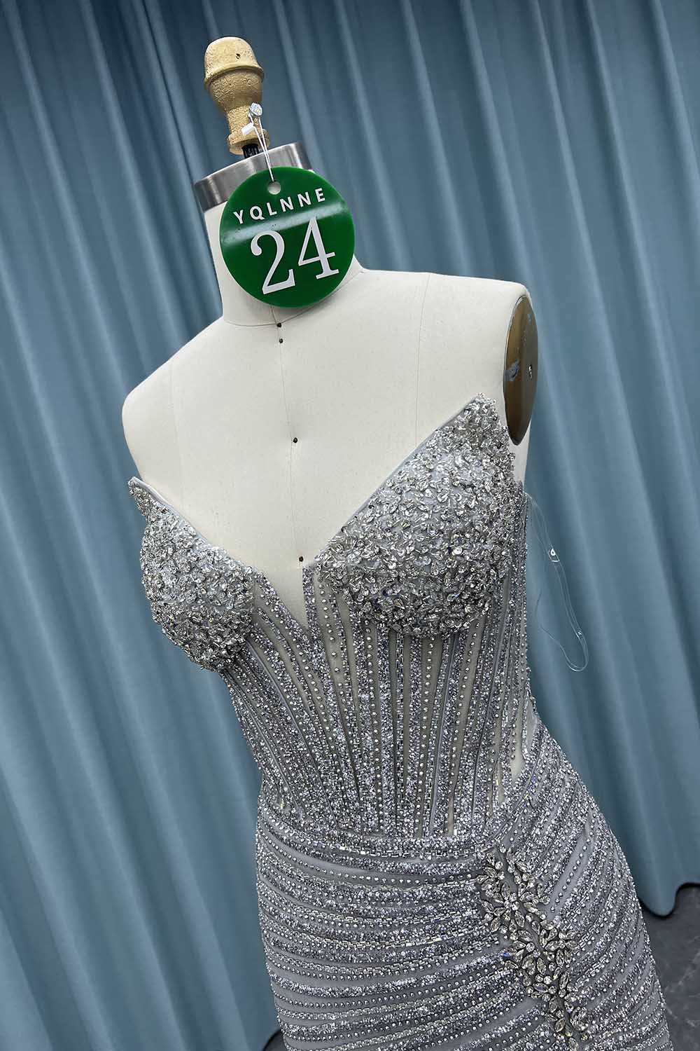 YQ024 Silver Strapless Crystals Prom Dress Long Slit Evening Gown Corset