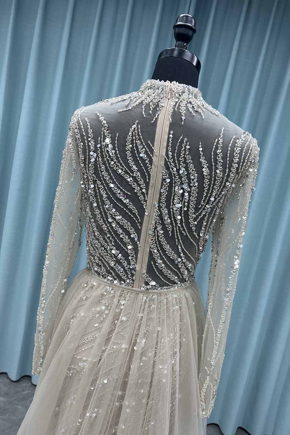 YQ052 Modest Nude Long Sleeves Beading Evening Dress Formal Muslim Gown