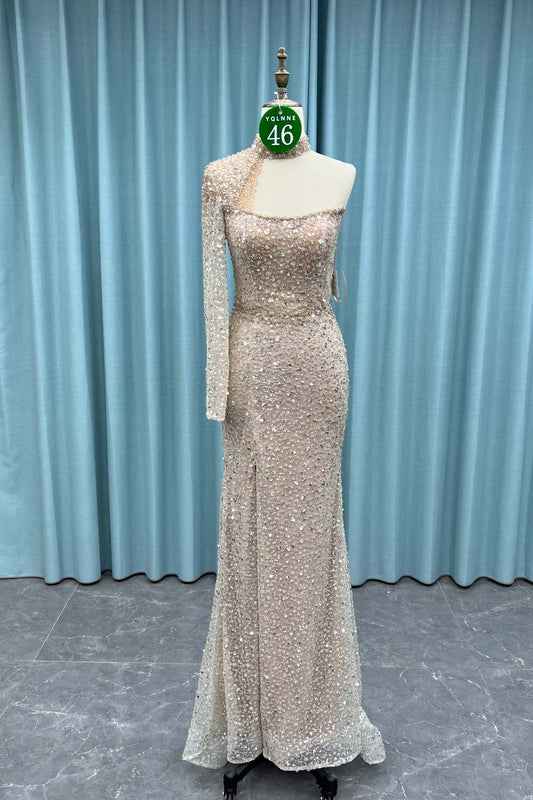 YQ046 Dusty Blue One Shoulder Slit Evening Dress Long Crystals Beaded Evening Gown