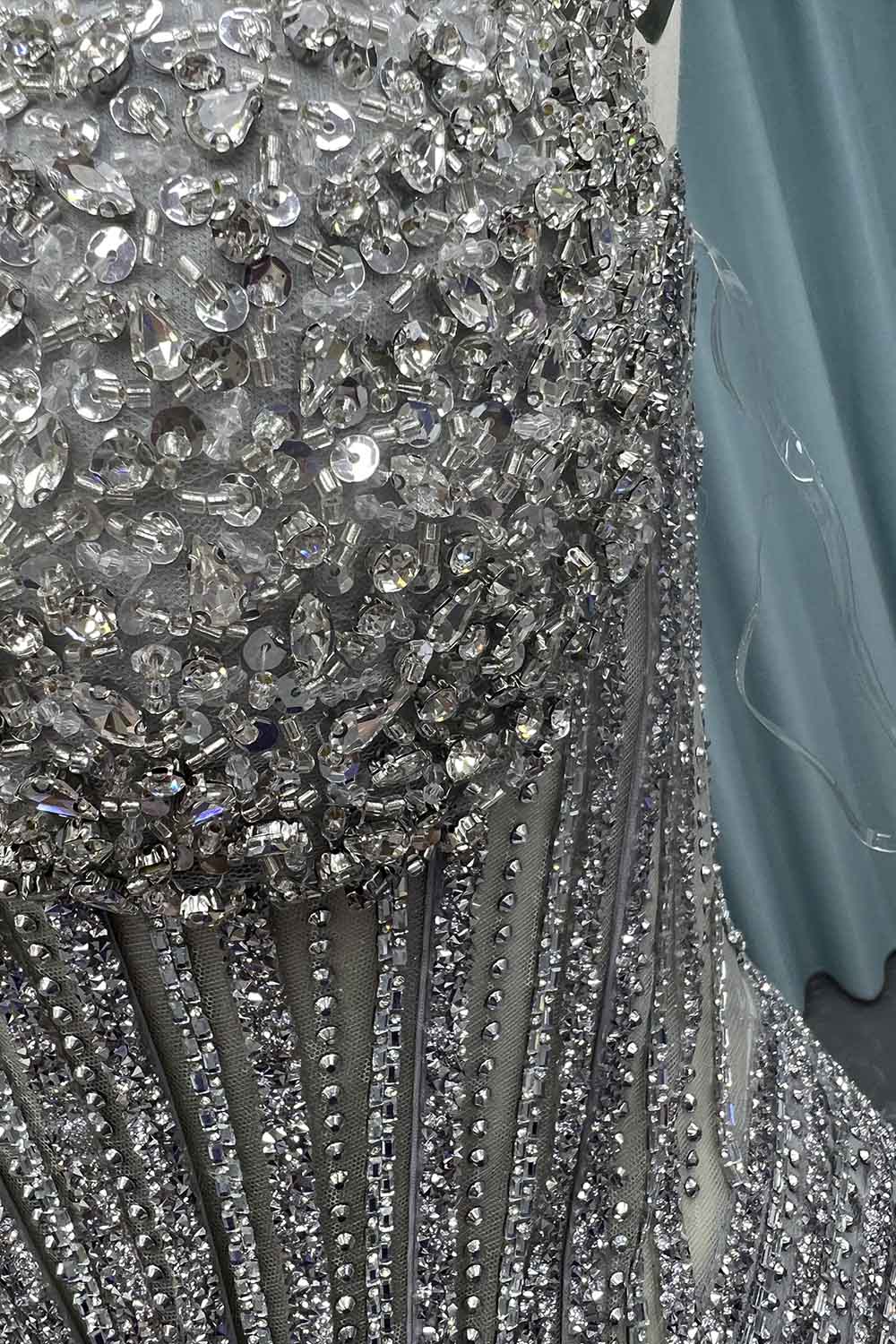 YQ024 Silver Strapless Crystals Prom Dress Long Slit Evening Gown Corset