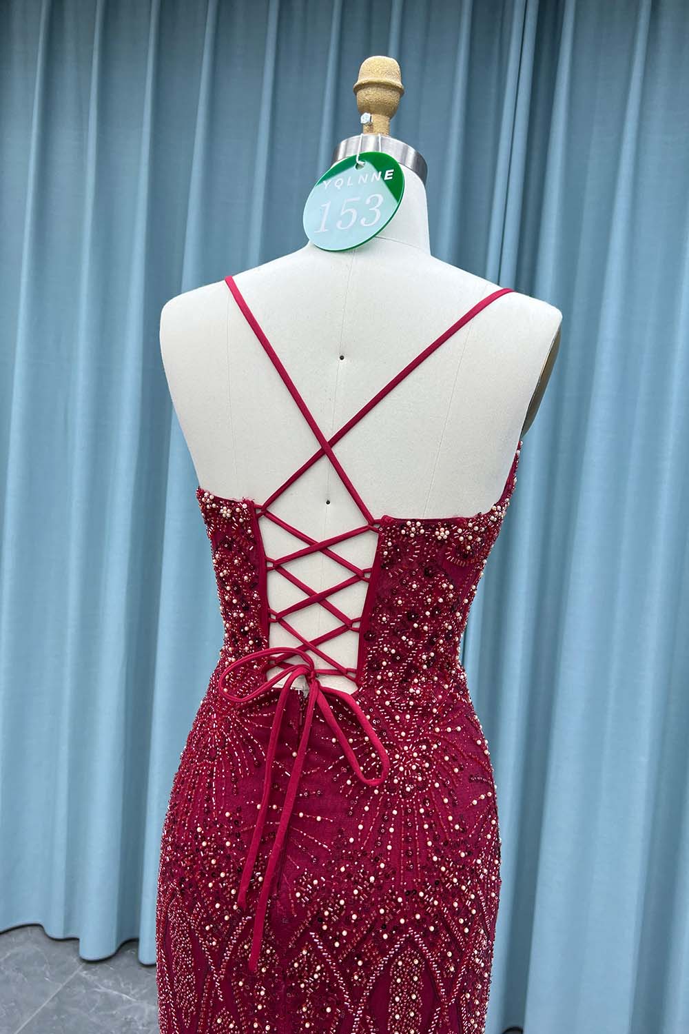 YQ0153 Burgundy Feathers Beadings Evening Dress Mermaid