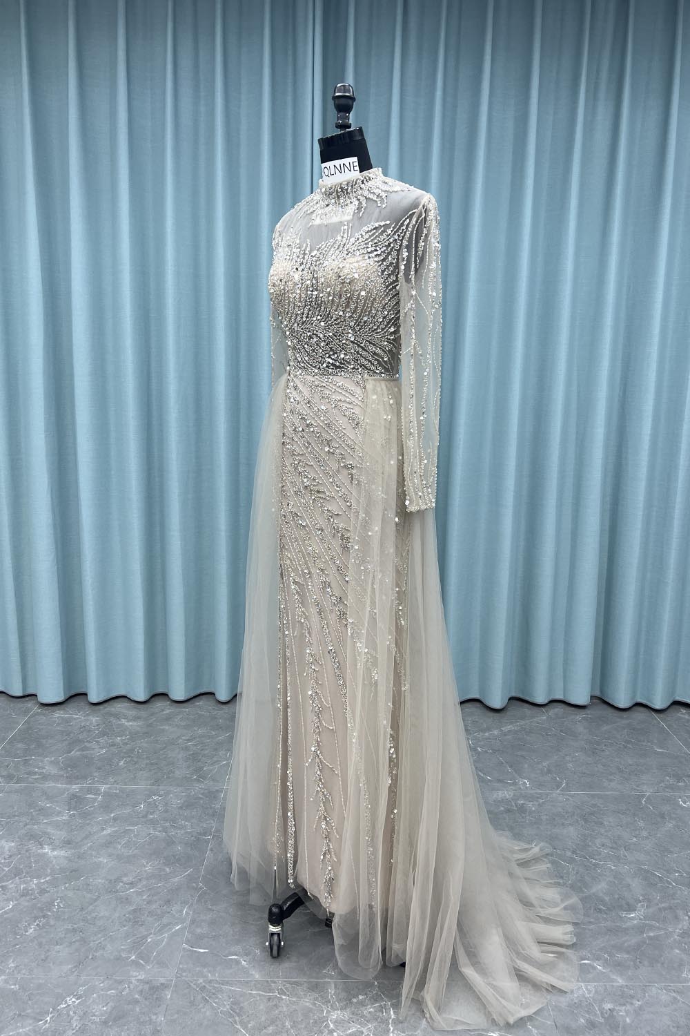 YQ052 Modest Nude Long Sleeves Beading Evening Dress Formal Muslim Gown