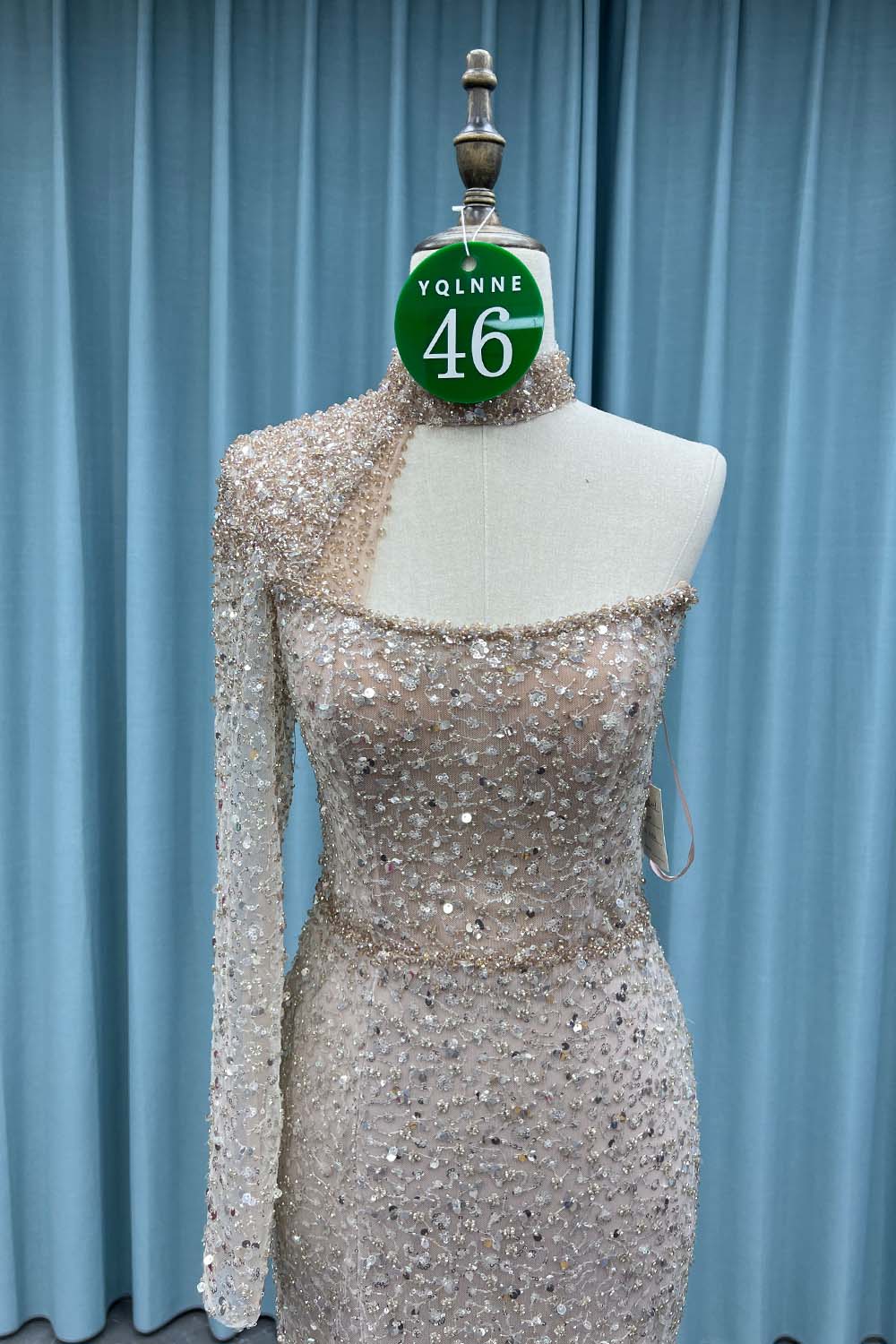 YQ046 Dusty Blue One Shoulder Slit Evening Dress Long Crystals Beaded Evening Gown