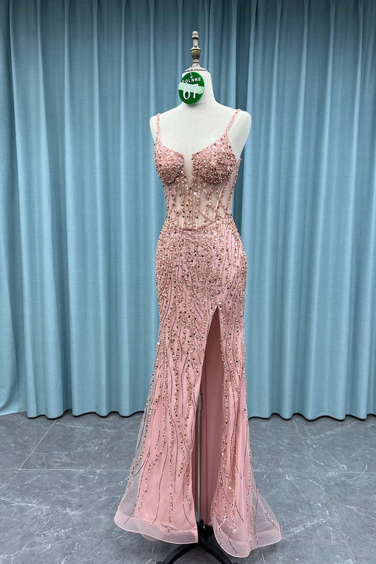 YQ067 Black Straps Slit Prom Dress Long Beaded Evening Party Gown