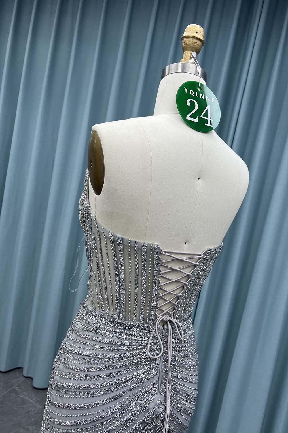 YQ024 Silver Strapless Crystals Prom Dress Long Slit Evening Gown Corset