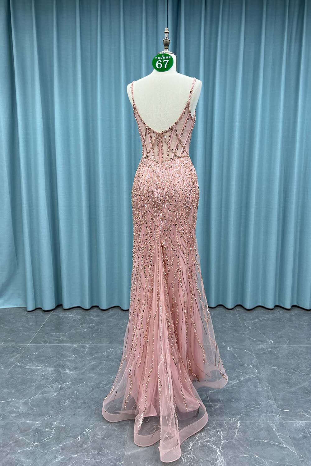 YQ067 Black Straps Slit Prom Dress Long Beaded Evening Party Gown