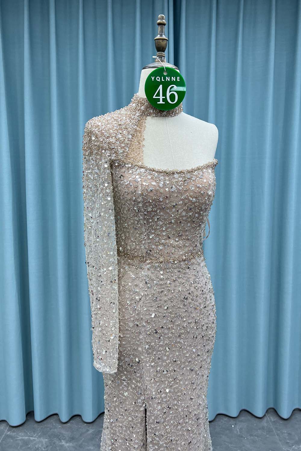 YQ046 Dusty Blue One Shoulder Slit Evening Dress Long Crystals Beaded Evening Gown