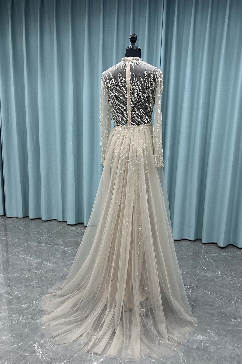 YQ052 Modest Nude Long Sleeves Beading Evening Dress Formal Muslim Gown