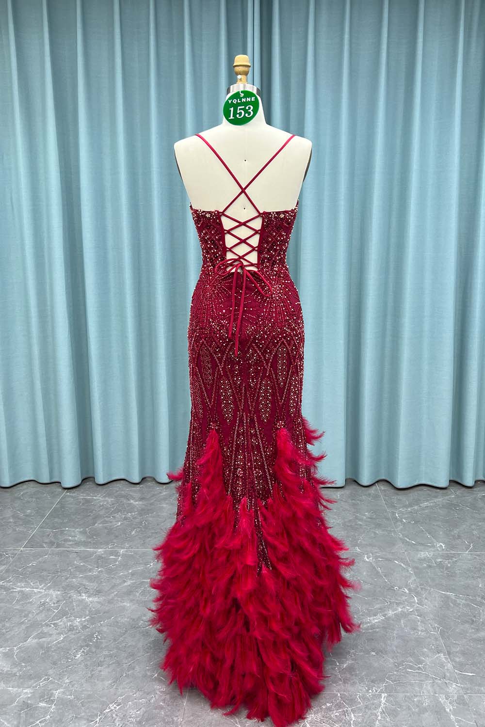 YQ0153 Burgundy Feathers Beadings Evening Dress Mermaid
