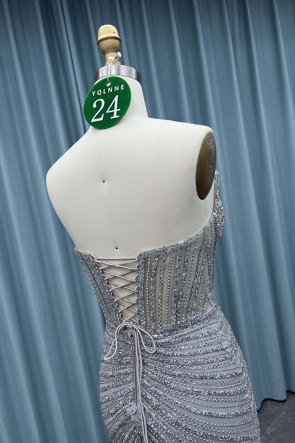 YQ024 Silver Strapless Crystals Prom Dress Long Slit Evening Gown Corset
