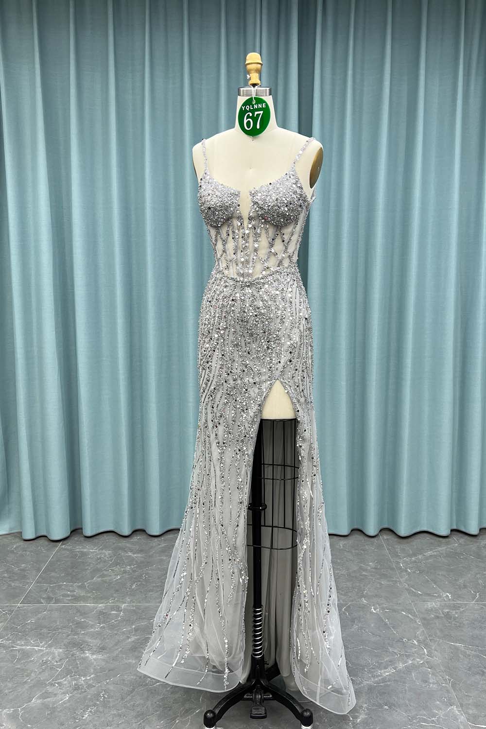 YQ067 Black Straps Slit Prom Dress Long Beaded Evening Party Gown