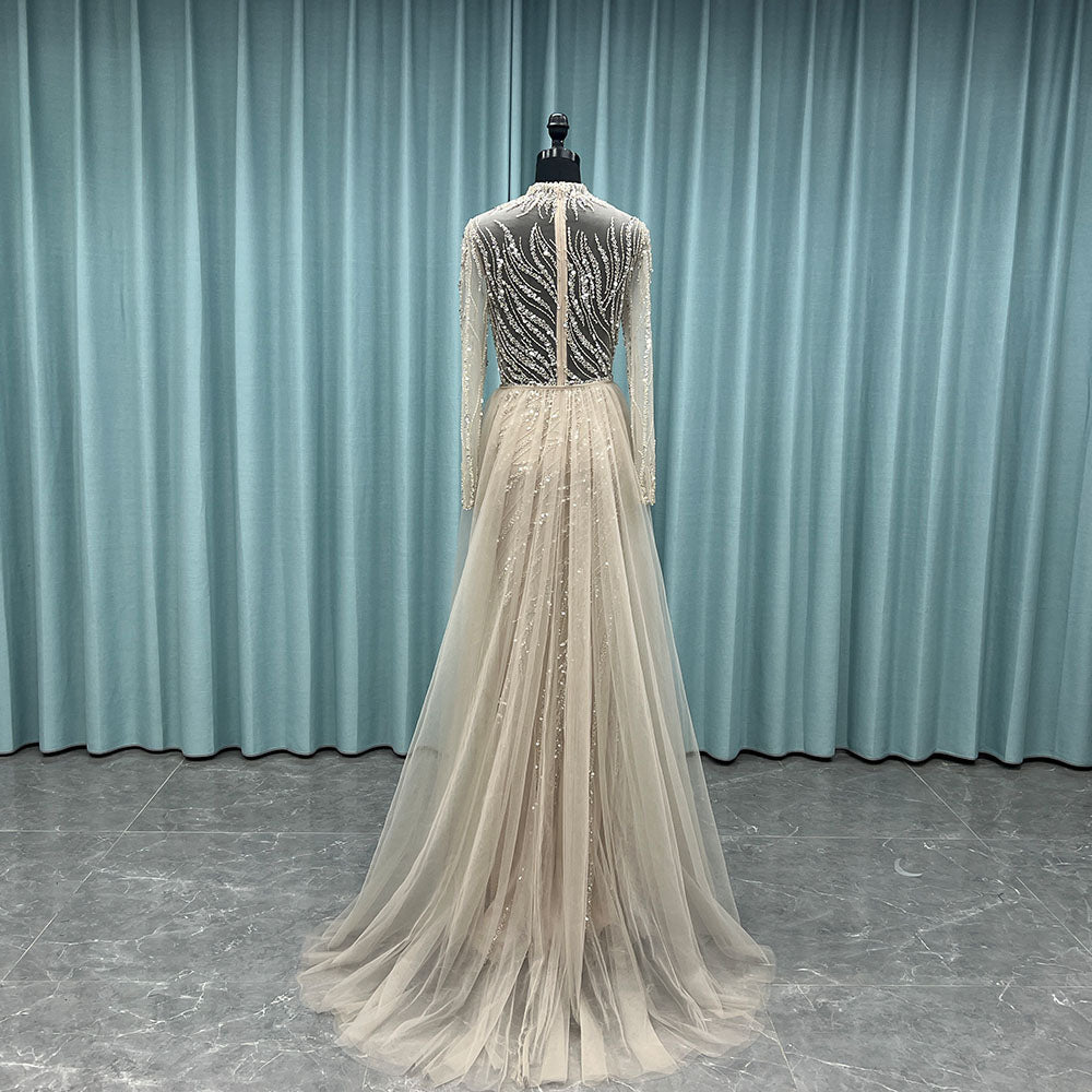 YQ052 Modest Nude Long Sleeves Beading Evening Dress Formal Muslim Gown
