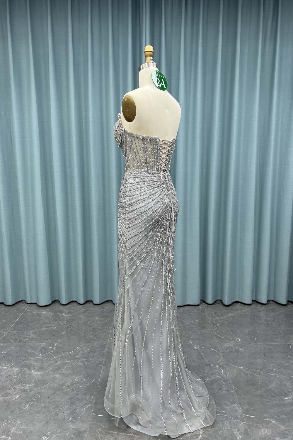 YQ024 Silver Strapless Crystals Prom Dress Long Slit Evening Gown Corset