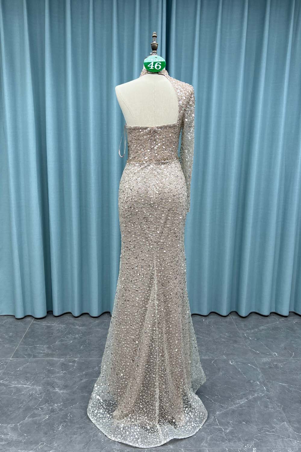 YQ046 Dusty Blue One Shoulder Slit Evening Dress Long Crystals Beaded Evening Gown