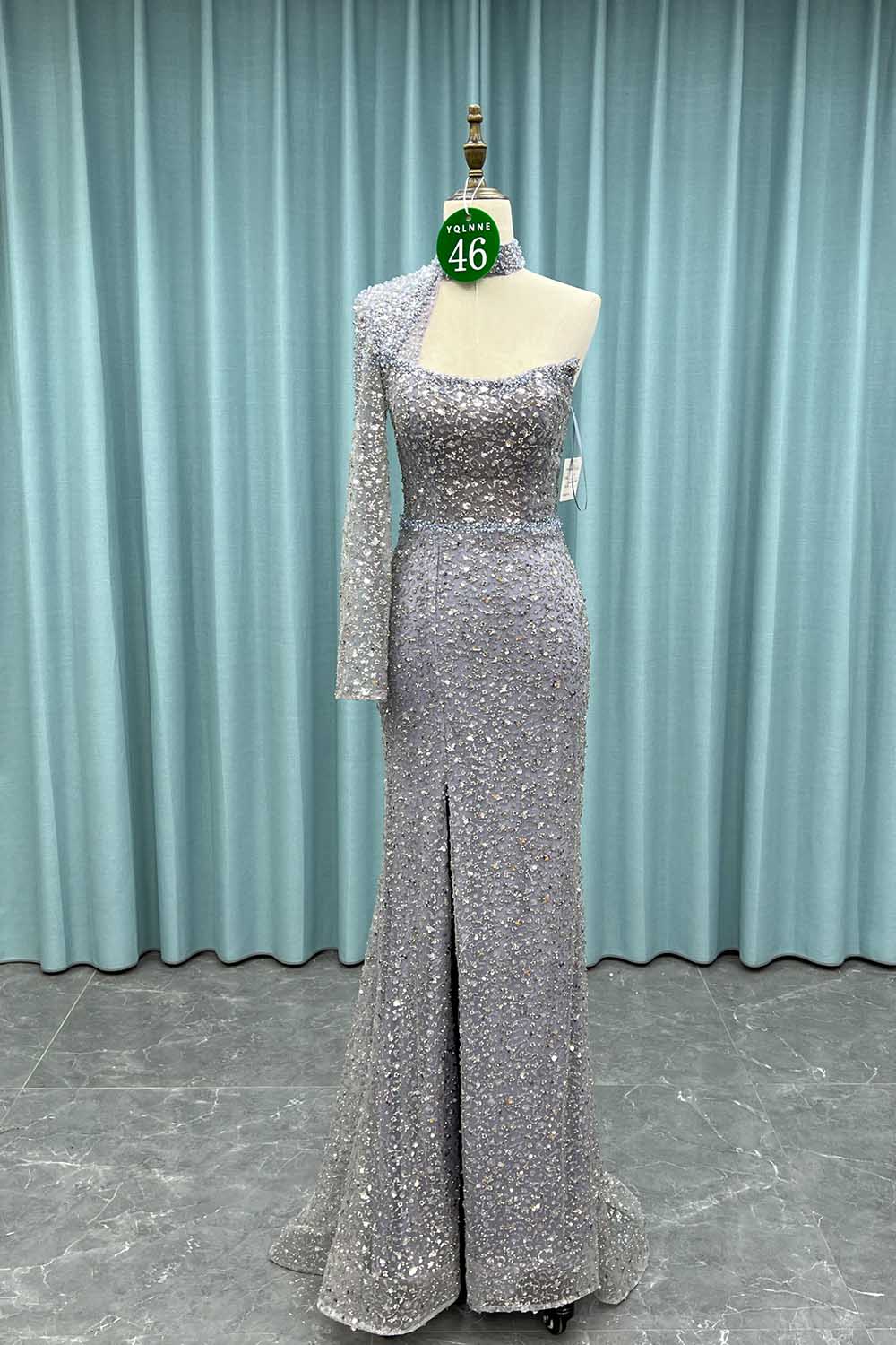 YQ046 Dusty Blue One Shoulder Slit Evening Dress Long Crystals Beaded Evening Gown