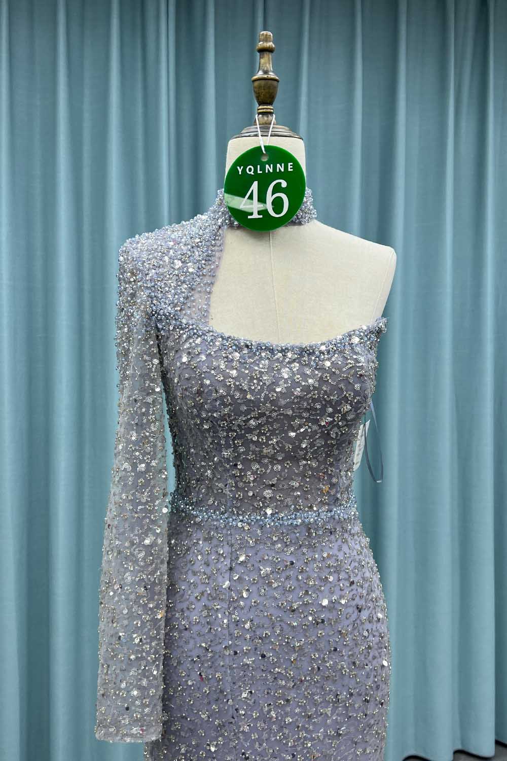 YQ046 Dusty Blue One Shoulder Slit Evening Dress Long Crystals Beaded Evening Gown
