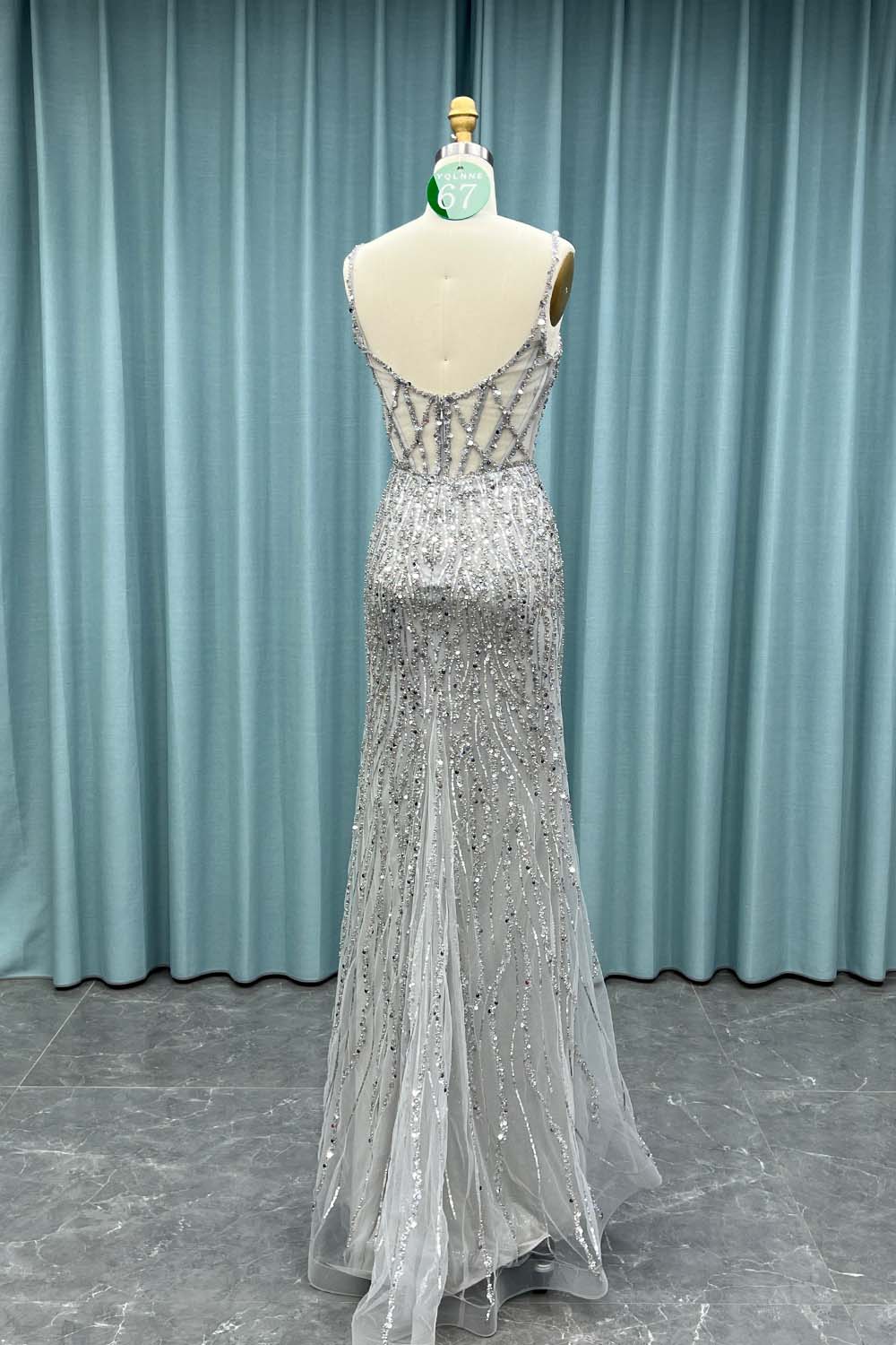 YQ067 Black Straps Slit Prom Dress Long Beaded Evening Party Gown