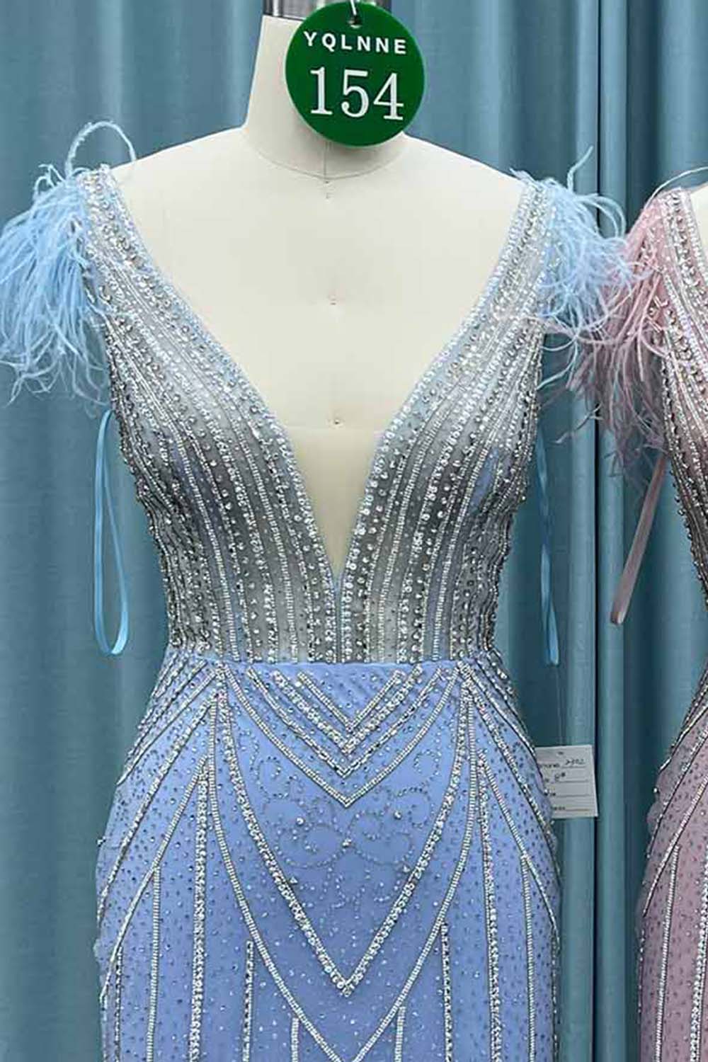 YQ0154 Pink Feathers Crystals Long Prom Dress
