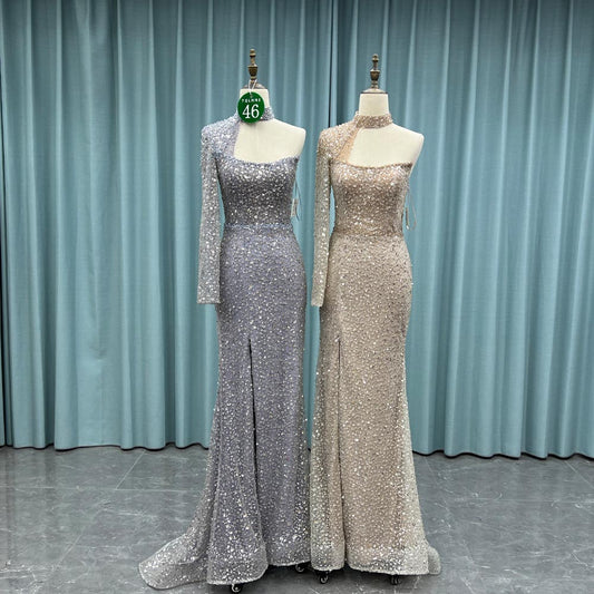 YQ046 Dusty Blue One Shoulder Slit Evening Dress Long Crystals Beaded Evening Gown