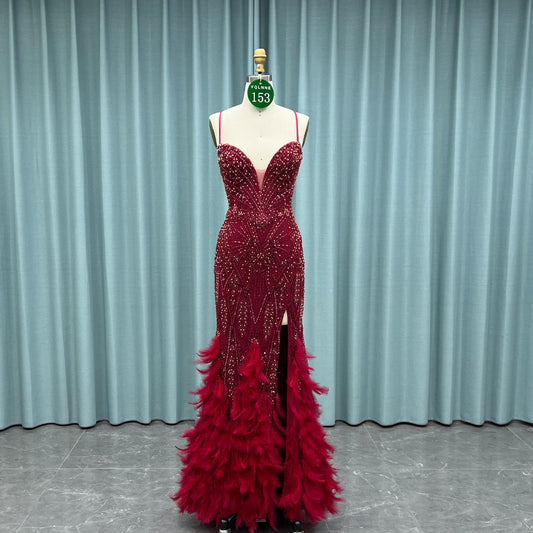 YQ0153 Burgundy Feathers Beadings Evening Dress Mermaid