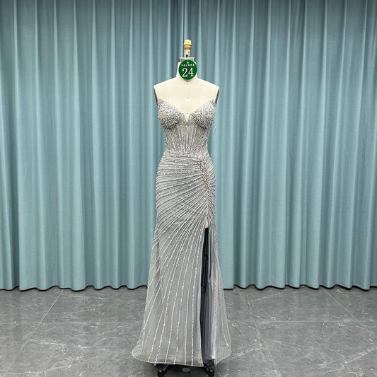 YQ024 Silver Strapless Crystals Prom Dress Long Slit Evening Gown Corset
