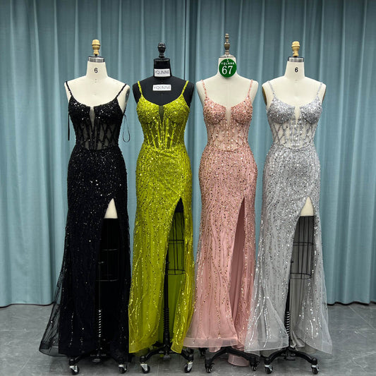 YQ067 Black Straps Slit Prom Dress Long Beaded Evening Party Gown