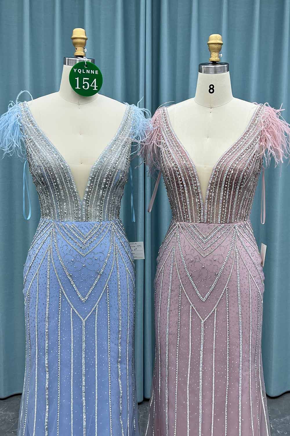 YQ0154 Pink Feathers Crystals Long Prom Dress
