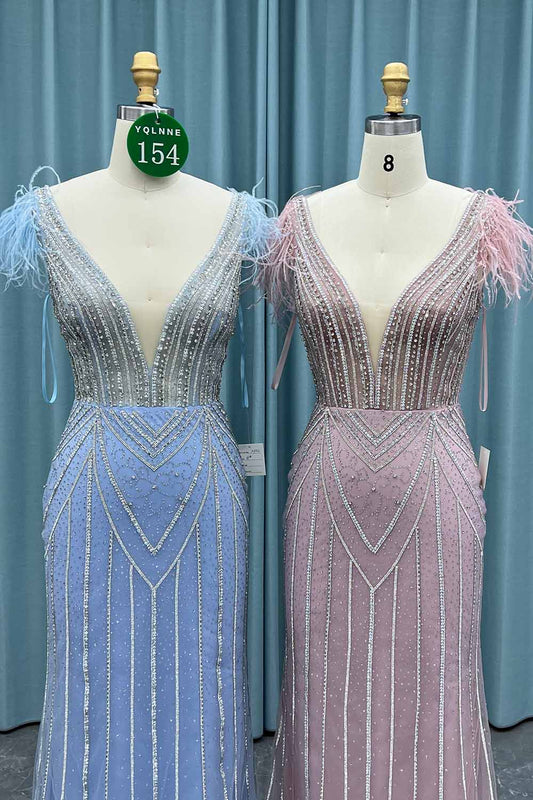 YQ0154 Pink Feathers Crystals Long Prom Dress