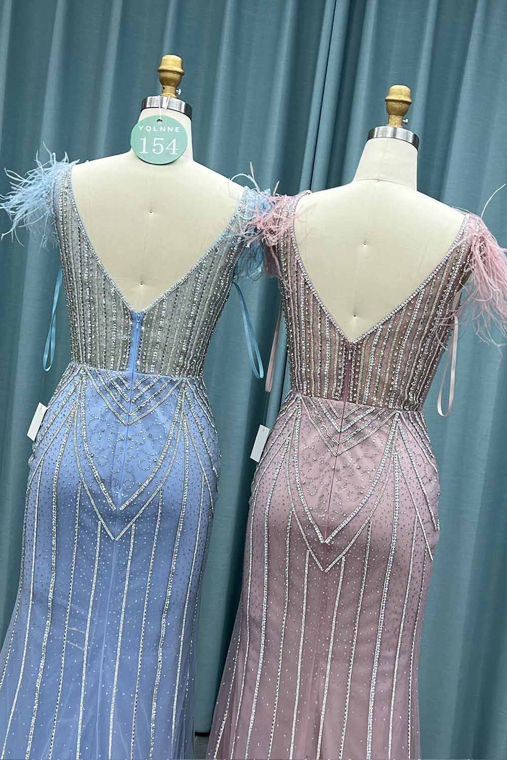 YQ0154 Pink Feathers Crystals Long Prom Dress