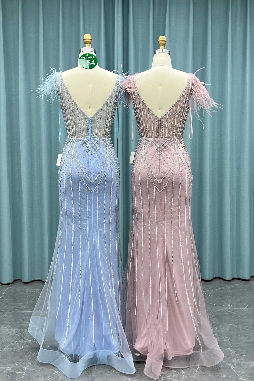 YQ0154 Pink Feathers Crystals Long Prom Dress