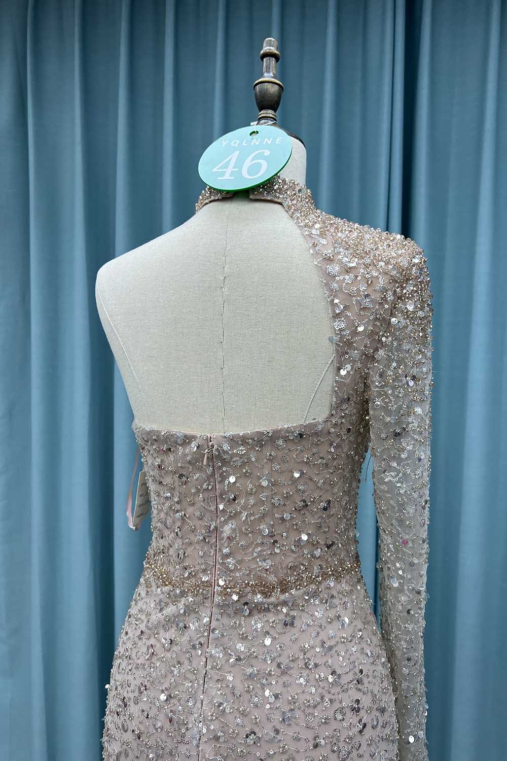 YQ046 Dusty Blue One Shoulder Slit Evening Dress Long Crystals Beaded Evening Gown