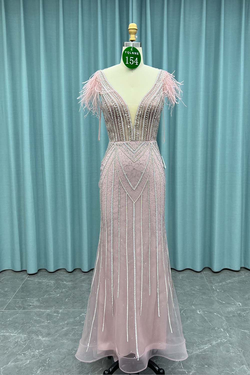 YQ0154 Pink Feathers Crystals Long Prom Dress