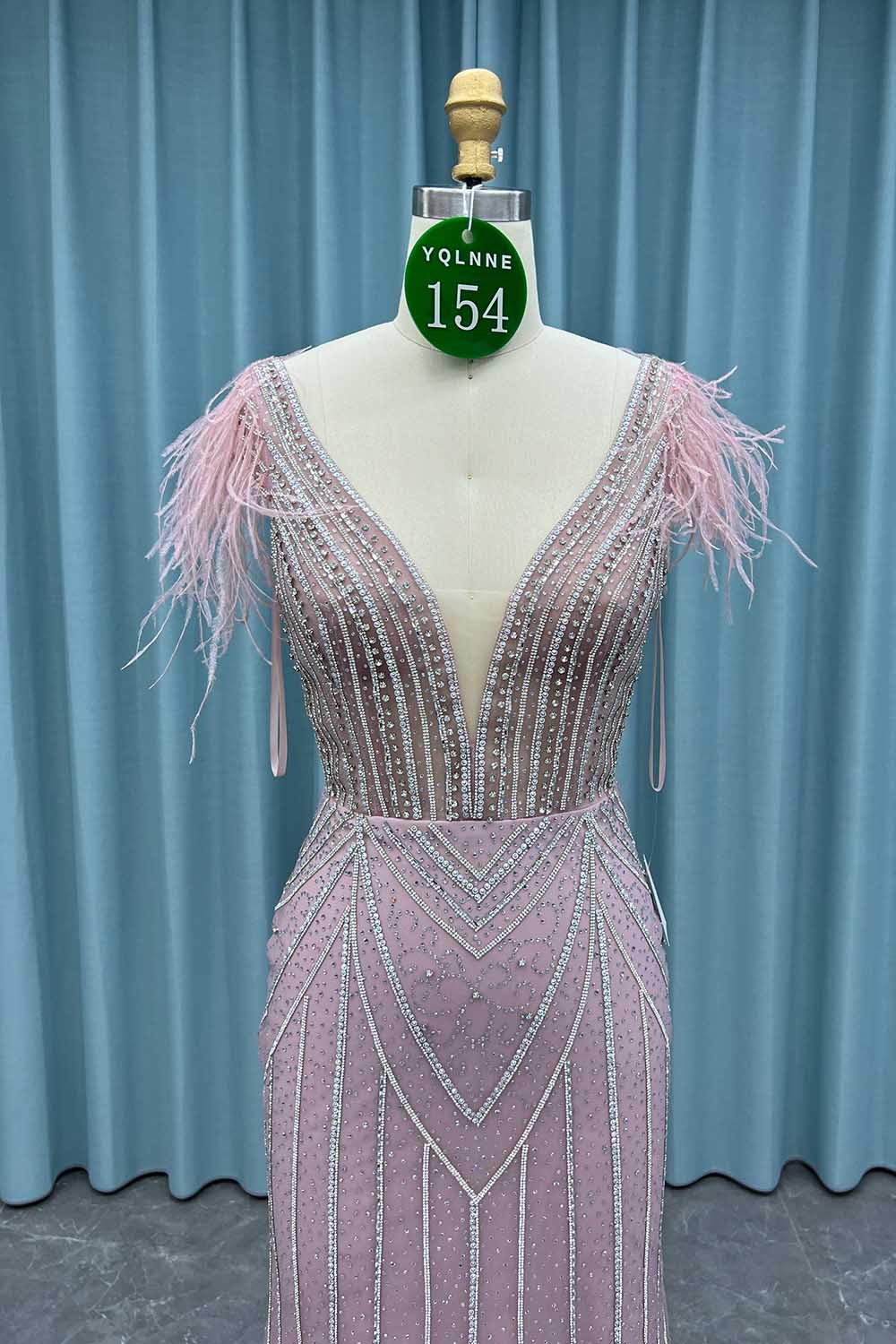 YQ0154 Pink Feathers Crystals Long Prom Dress