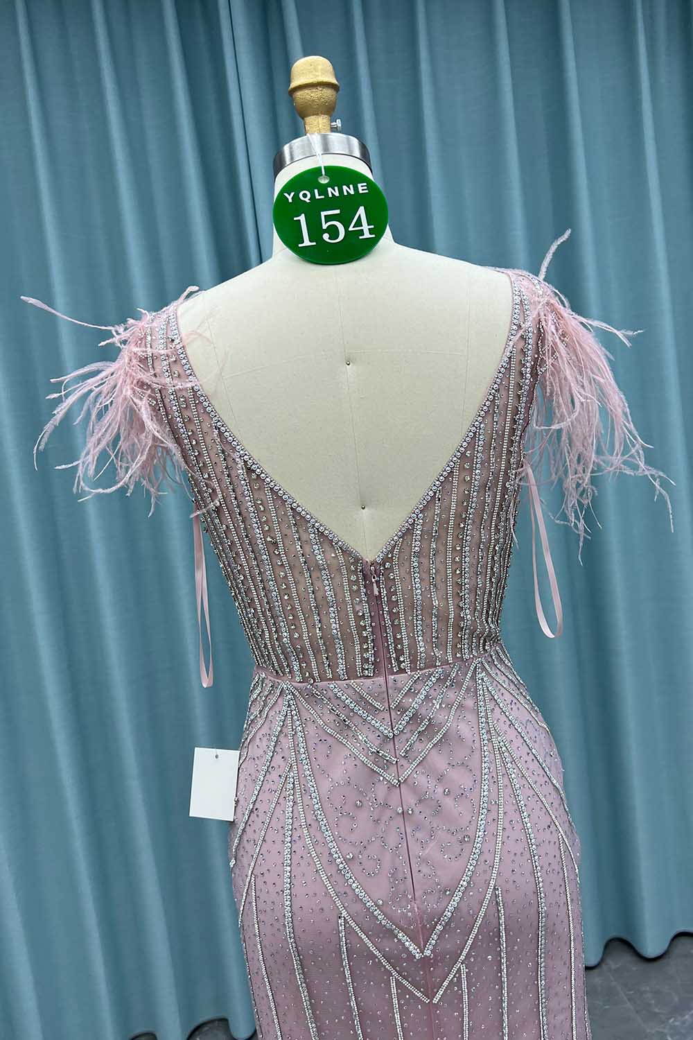 YQ0154 Pink Feathers Crystals Long Prom Dress