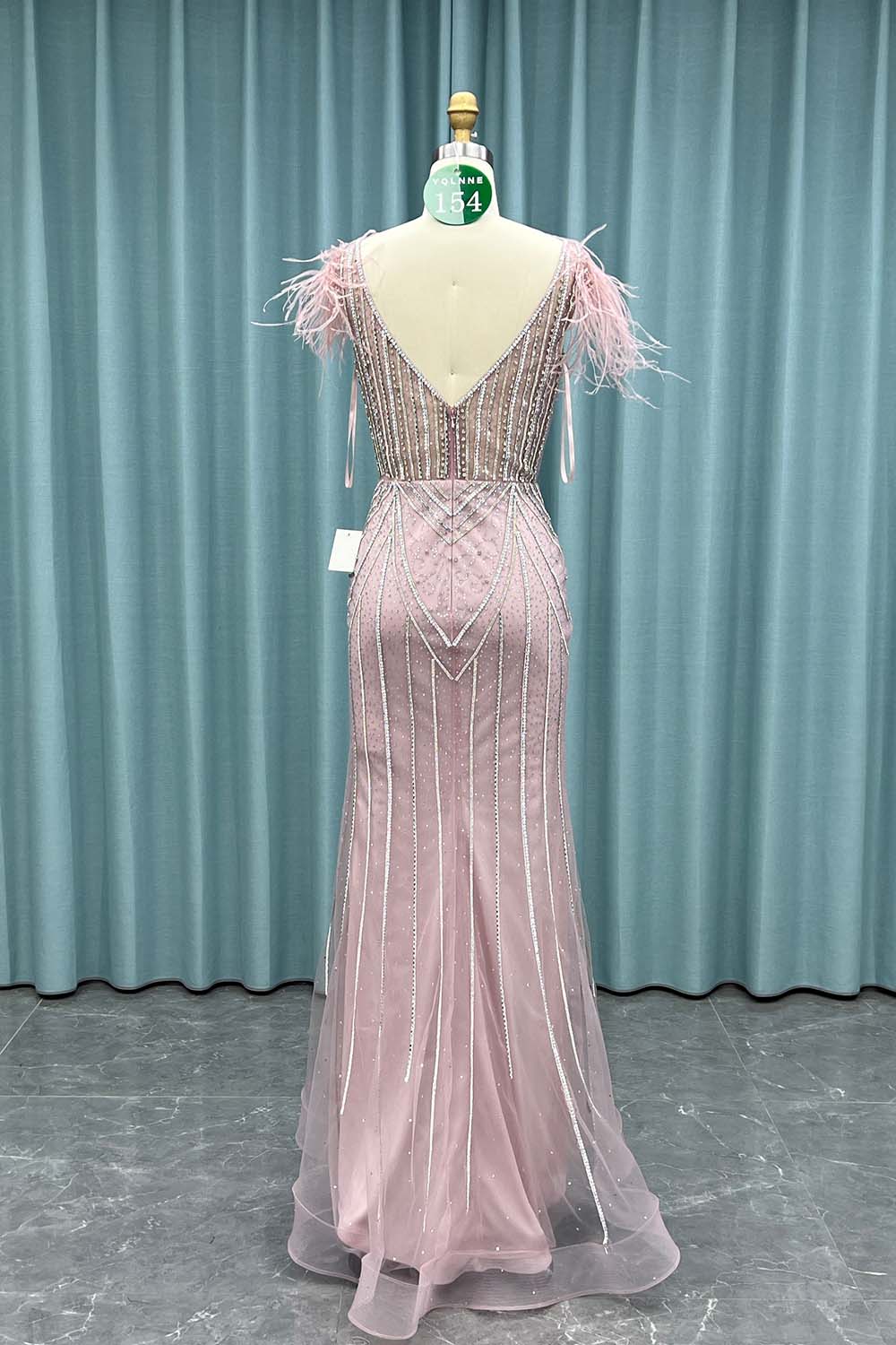 YQ0154 Pink Feathers Crystals Long Prom Dress